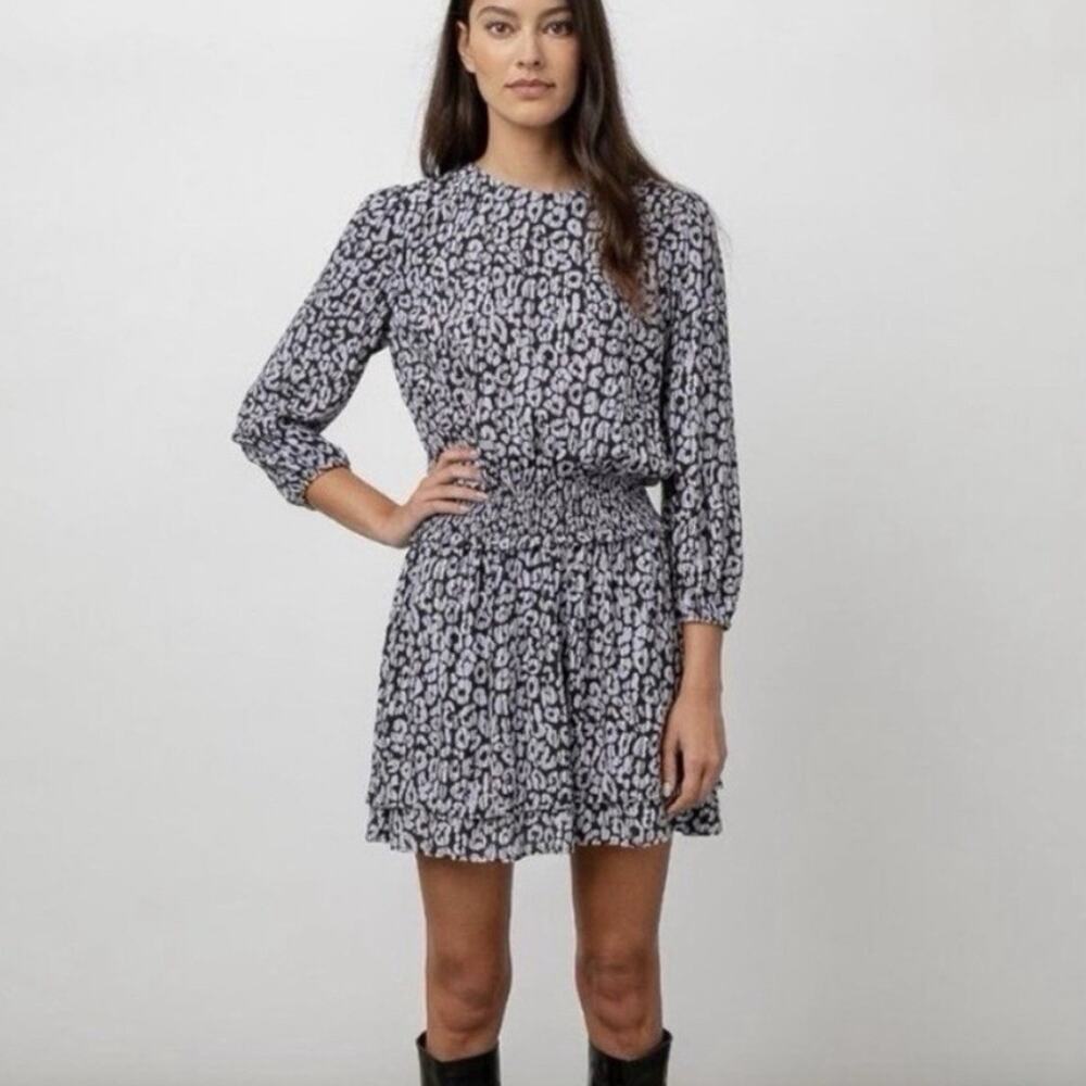 Rails Inez Blouson Dress Women’s Large Black Batik Cheetah Print Smocked Mini - Picture 2 of 8